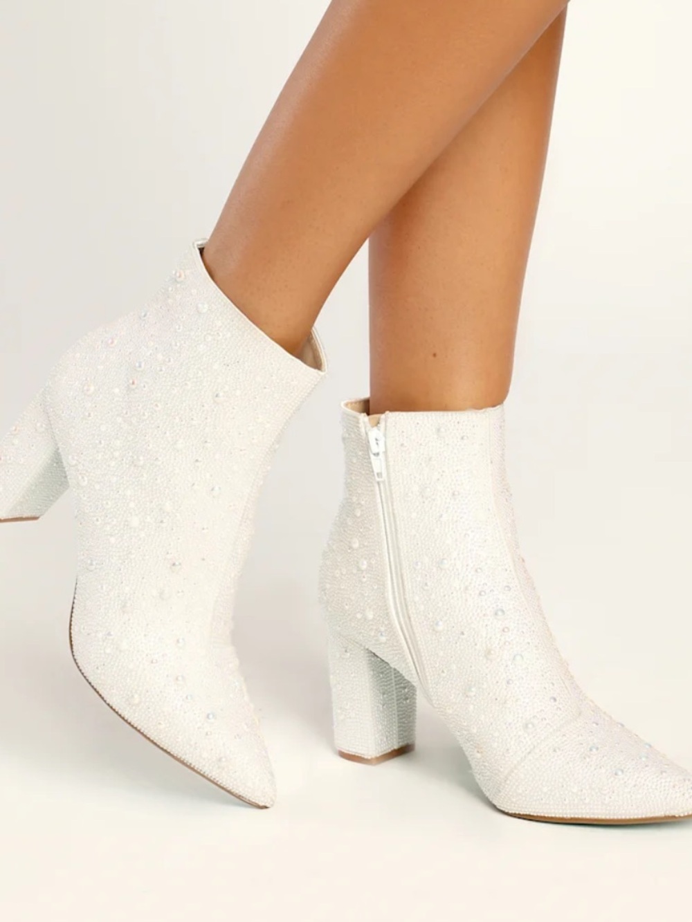 Betsey Johnson White Crystal-Embellished Pointed Ankle Boots